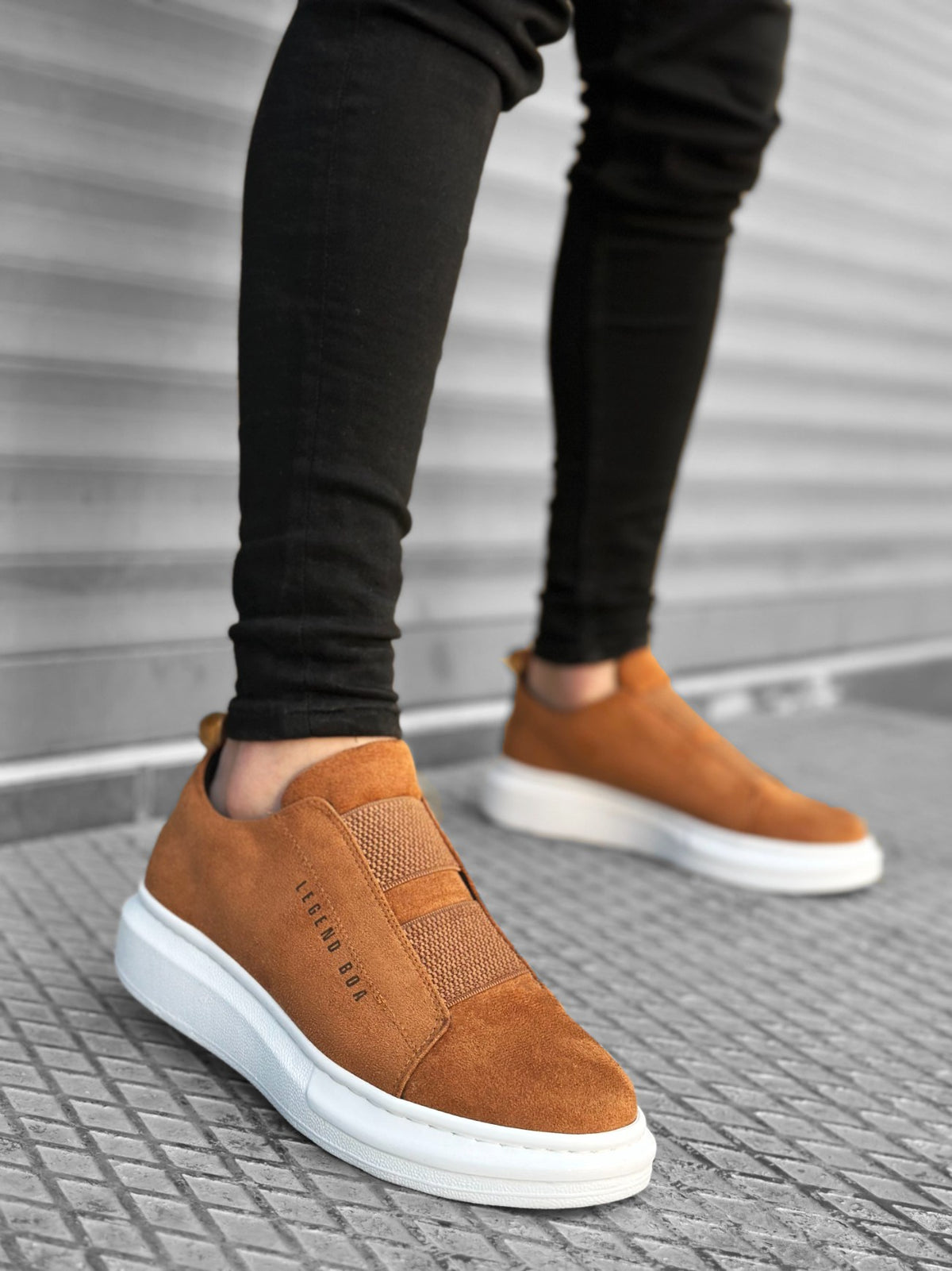 BA0307 BOA Thick Suede High Sole Double Band Tan White Men's sneakers Shoes - STREETMODE ™