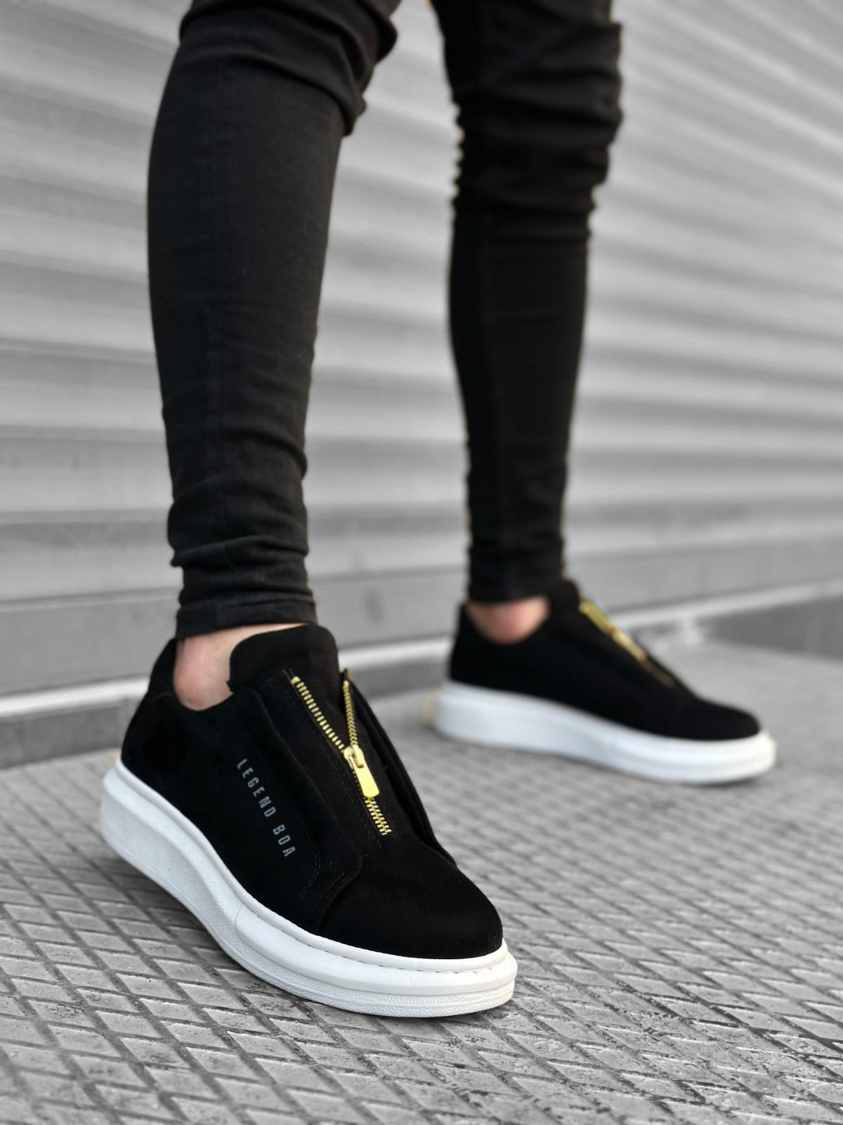 BA0310 BOA Thick Suede High Sole Zipper Black White Men's Sneakers Shoes - STREETMODE ™