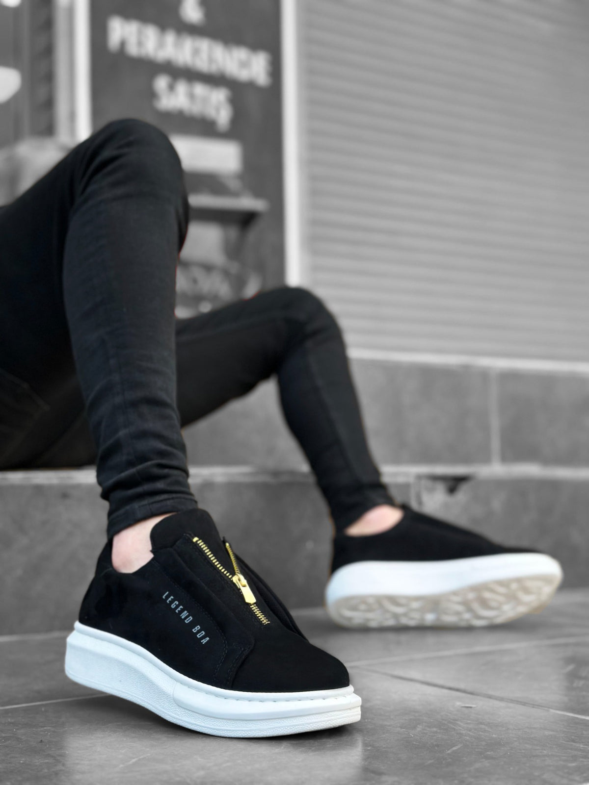 BA0310 BOA Thick Suede High Sole Zipper Black White Men's Sneakers Shoes - STREETMODE ™