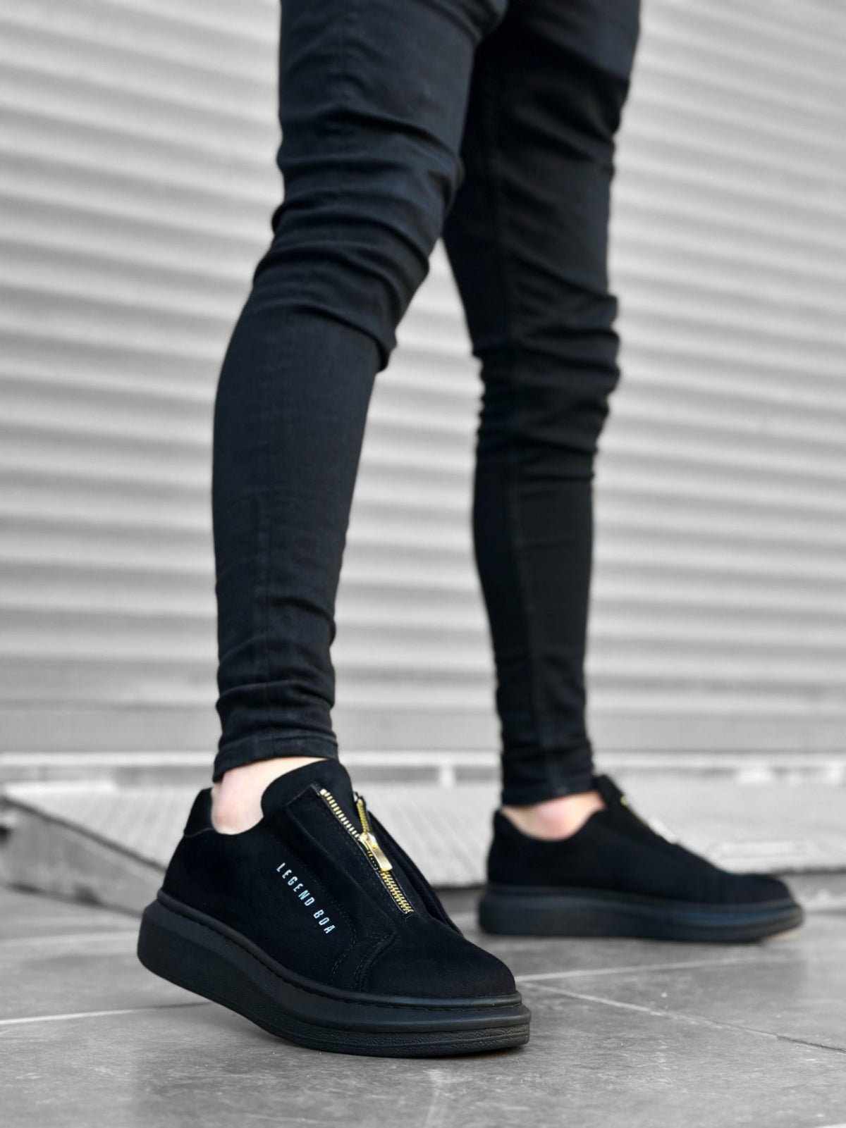 BA0310 BOA Thick Suede High Sole Zipper Black Black Men's Sneakers Shoes - STREETMODE ™