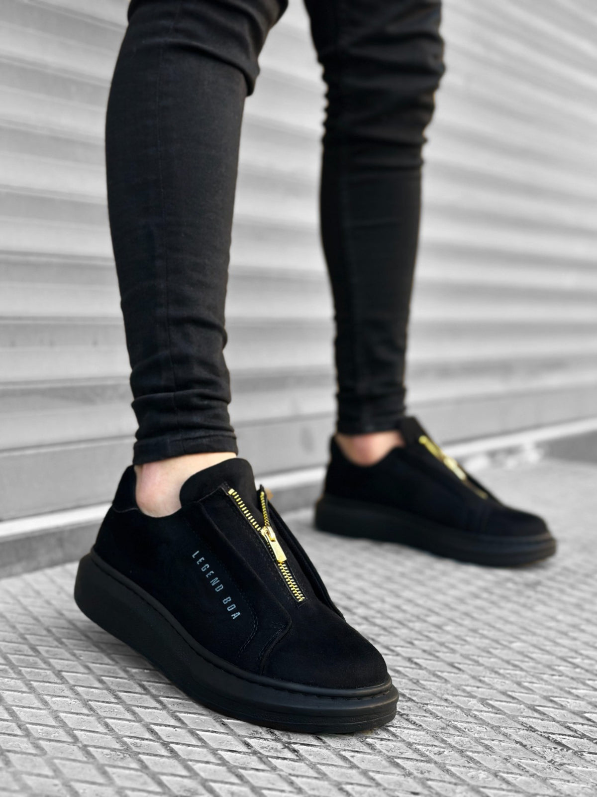 BA0310 BOA Thick Suede High Sole Zipper Black Black Men's Sneakers Shoes - STREETMODE ™