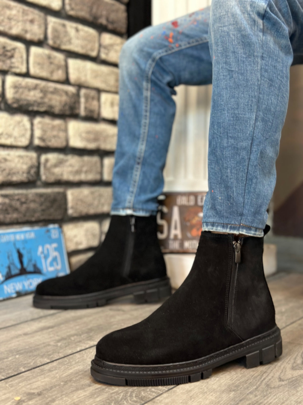 BA0315 Inner Outer Genuine Leather Suede Black Double Zippered Men's Half Ankle Boots - STREETMODE ™