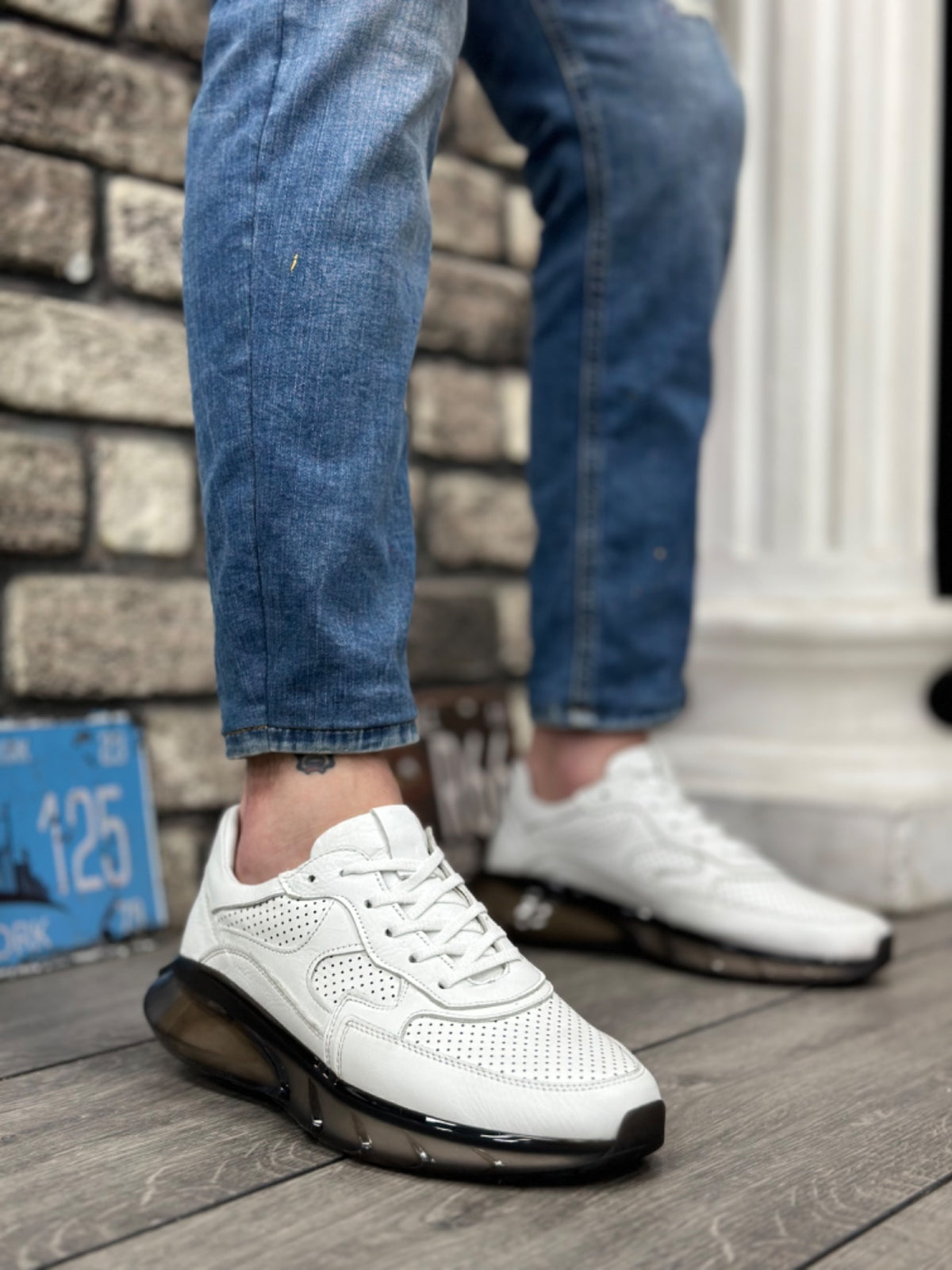 BA0324 Inside and Outside Genuine Leather Comfortable Sole White Sneakers Casual Men's Shoes - STREETMODE ™