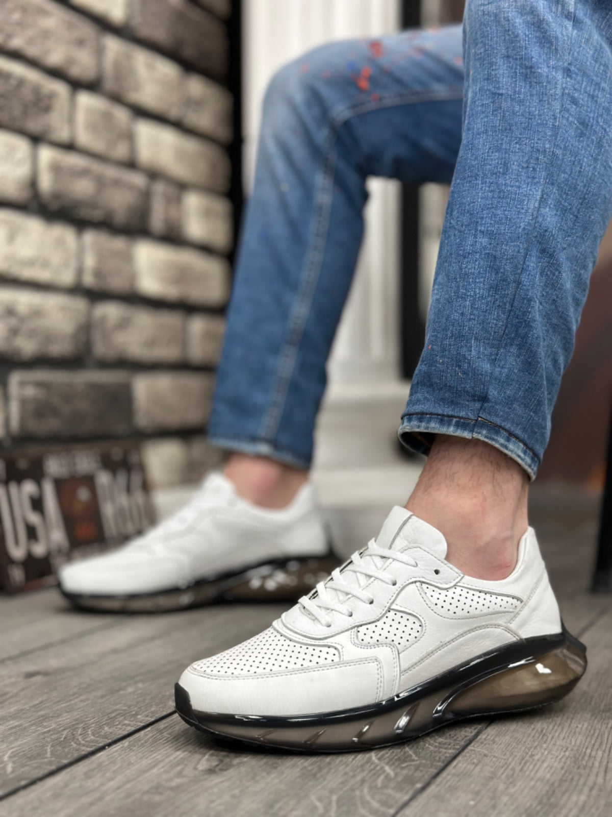 BA0324 Inside and Outside Genuine Leather Comfortable Sole White Sneakers Casual Men's Shoes - STREETMODE ™