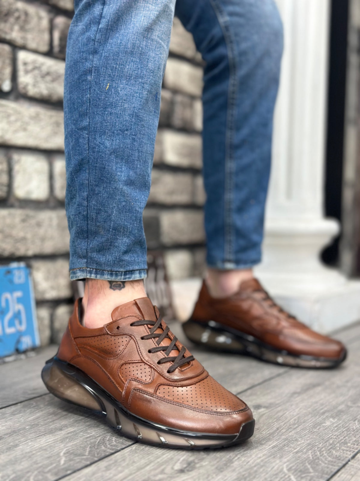 BA0324 Inside and Outside Genuine Leather Comfortable Sole Brown Sneakers Casual Men's Shoes - STREETMODE ™