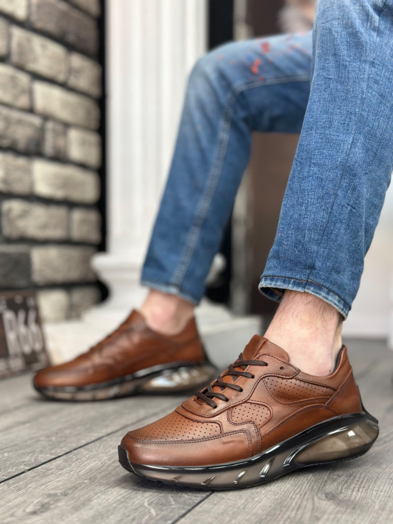 BA0324 Inside and Outside Genuine Leather Comfortable Sole Brown Sneakers Casual Men's Shoes - STREETMODE ™