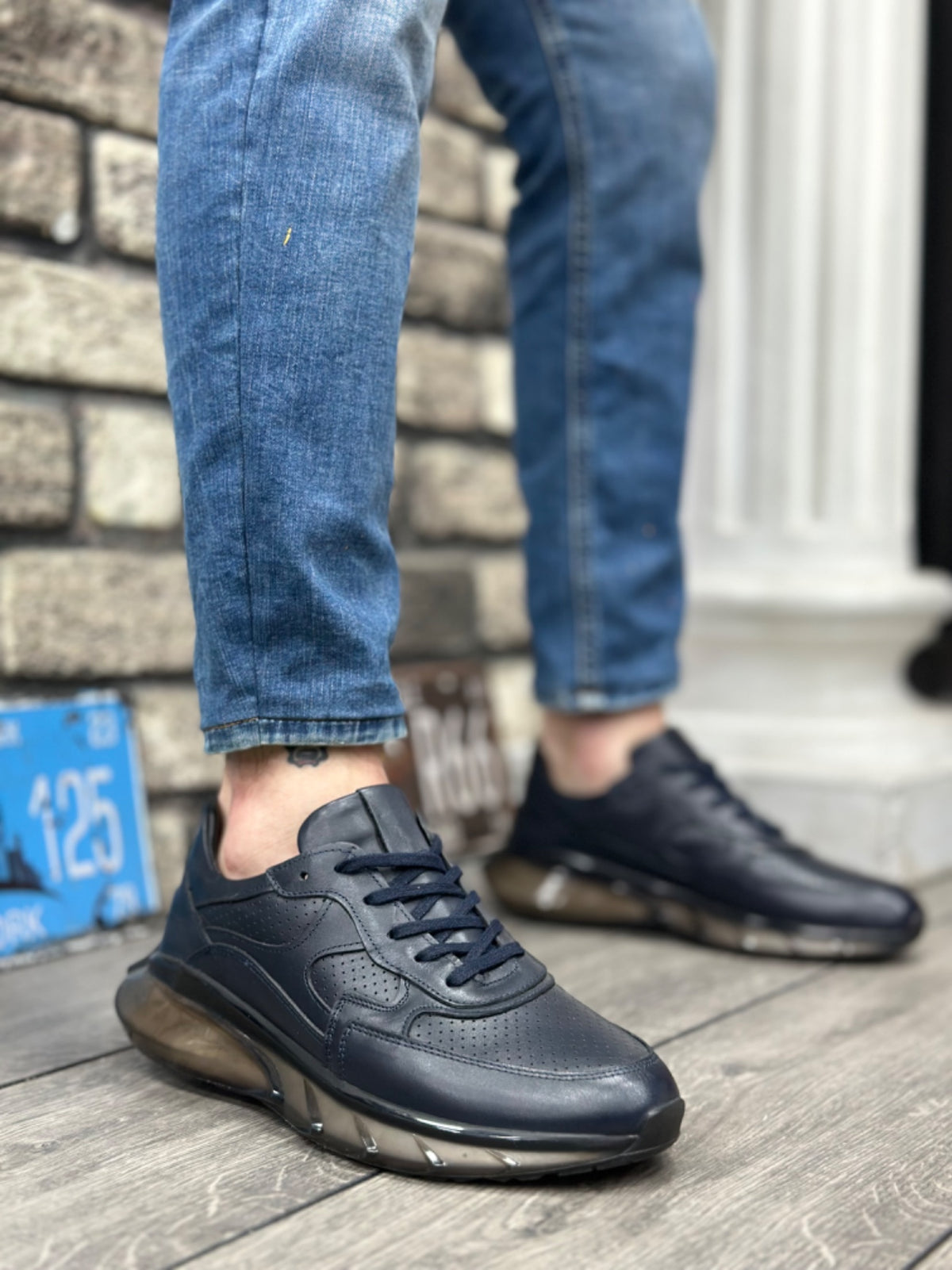 BA0324 Inside and Outside Genuine Leather Comfortable Sole Navy Blue Sneakers Casual Men's Shoes - STREETMODE ™