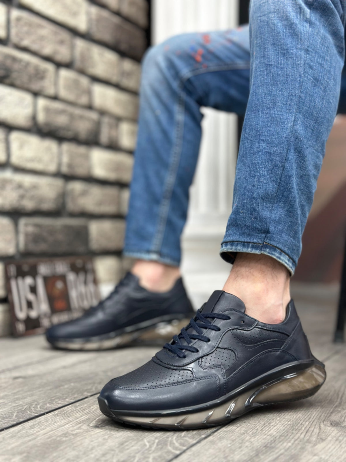 BA0324 Inside and Outside Genuine Leather Comfortable Sole Navy Blue Sneakers Casual Men's Shoes - STREETMODE ™