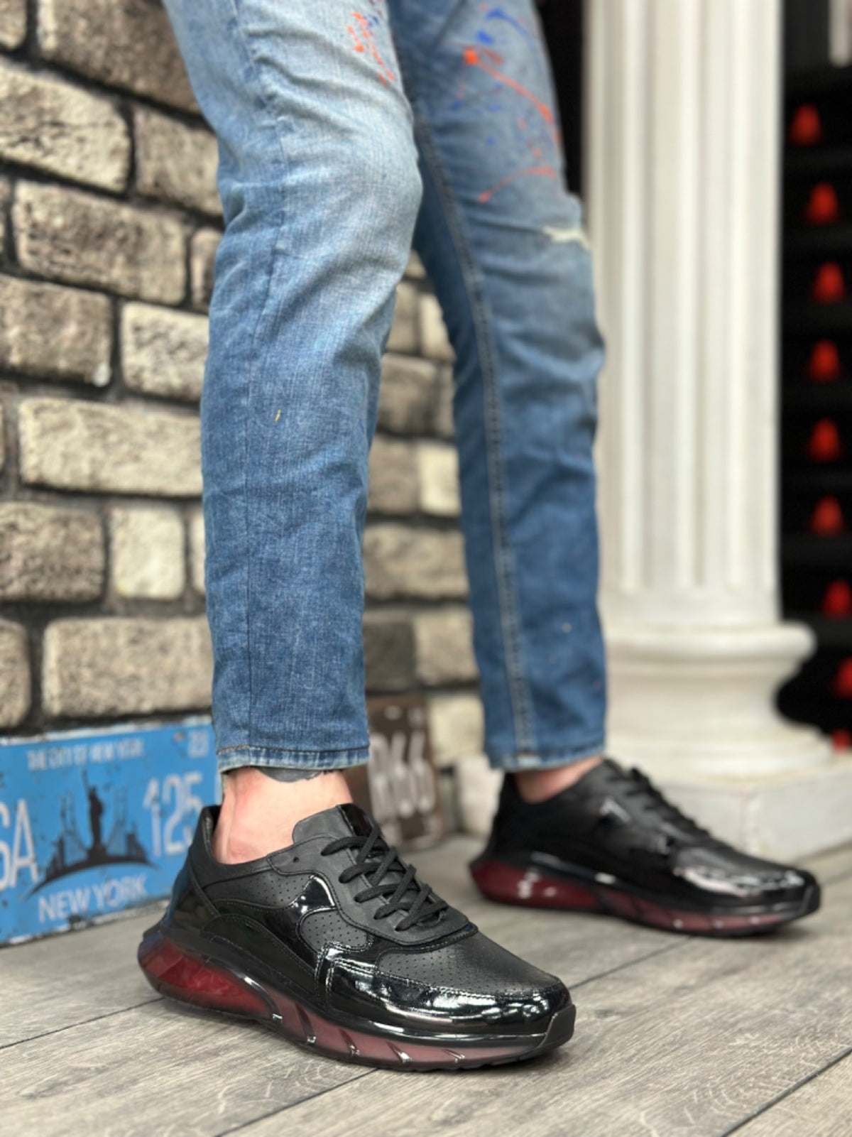 BA0324 Inside and Outside Genuine Leather Comfortable Sole Black Red Sneakers Casual Men's Shoes - STREETMODE ™