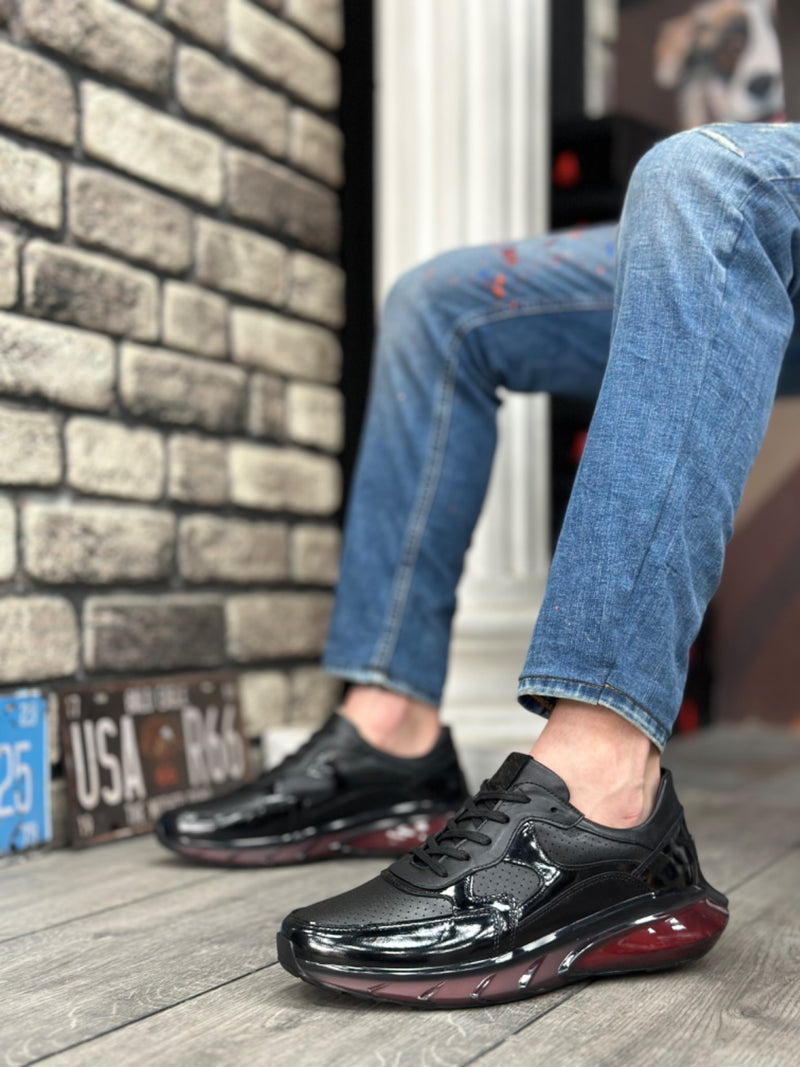 BA0324 Inside and Outside Genuine Leather Comfortable Sole Black Red Sneakers Casual Men's Shoes - STREETMODE ™