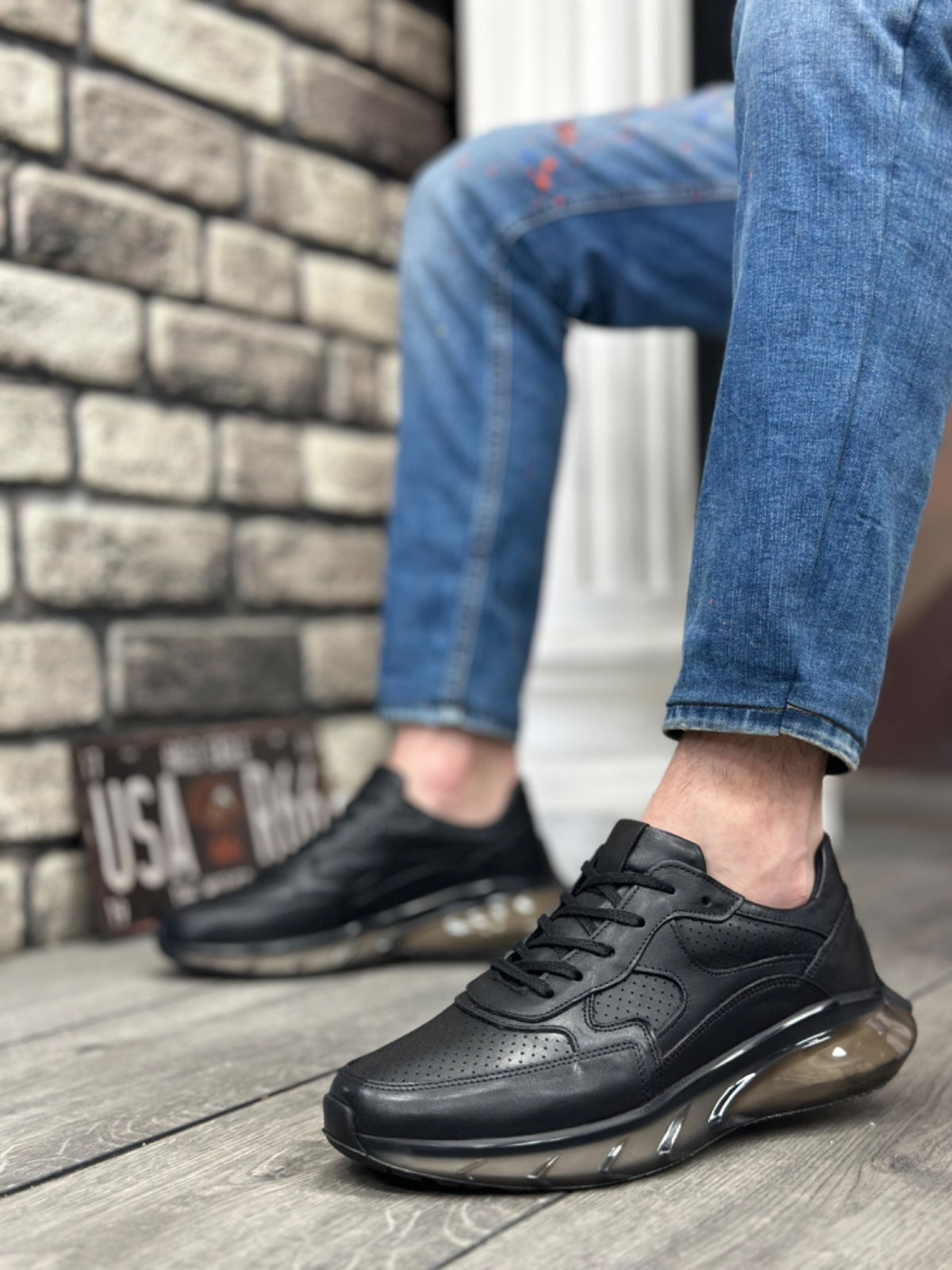 BA0324 Inside and Outside Genuine Leather Comfortable Sole Black Sneakers Casual Men's Shoes - STREETMODE ™