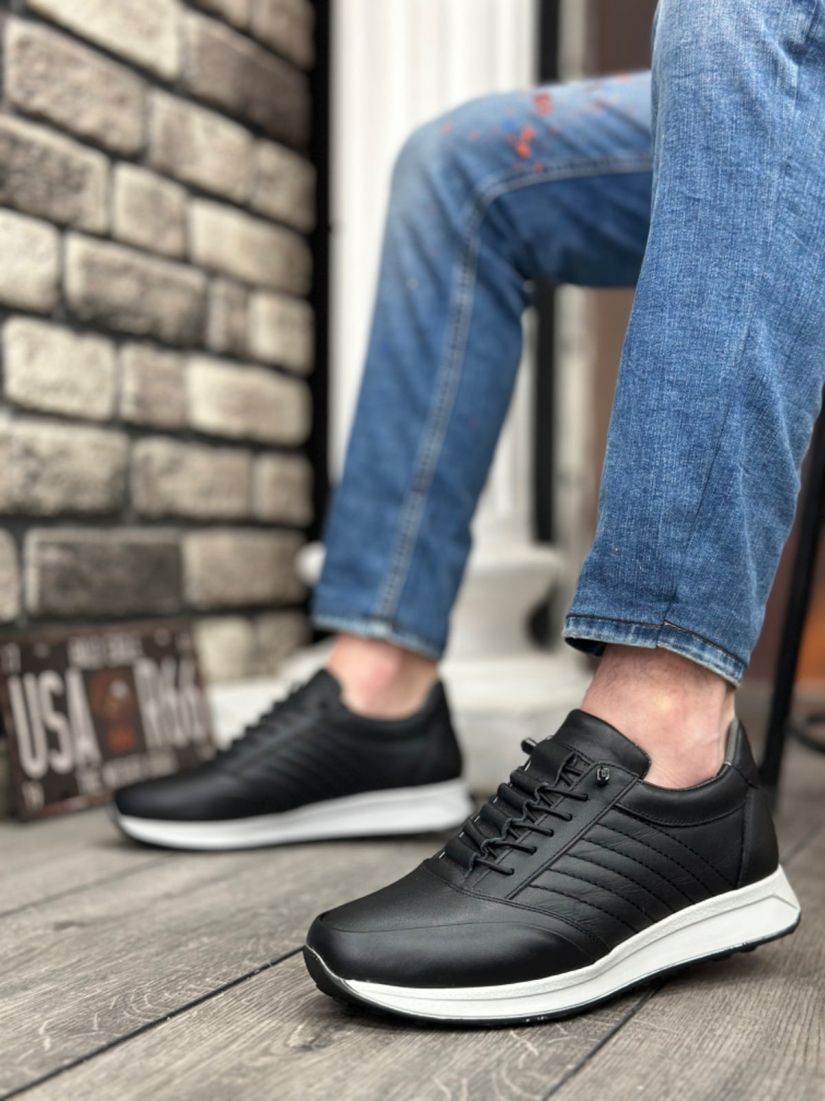 BA0325 Inside and Outside Genuine Leather Hidden Laces Comfortable Sole Black Sneakers Casual Men's Shoes - STREETMODE ™