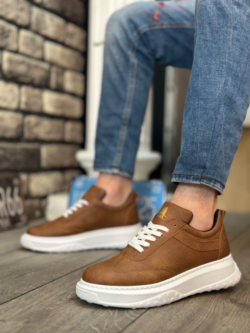 BA0327 Brown White Thick High Sole Lace-Up Sports Men's Shoes - STREETMODE ™