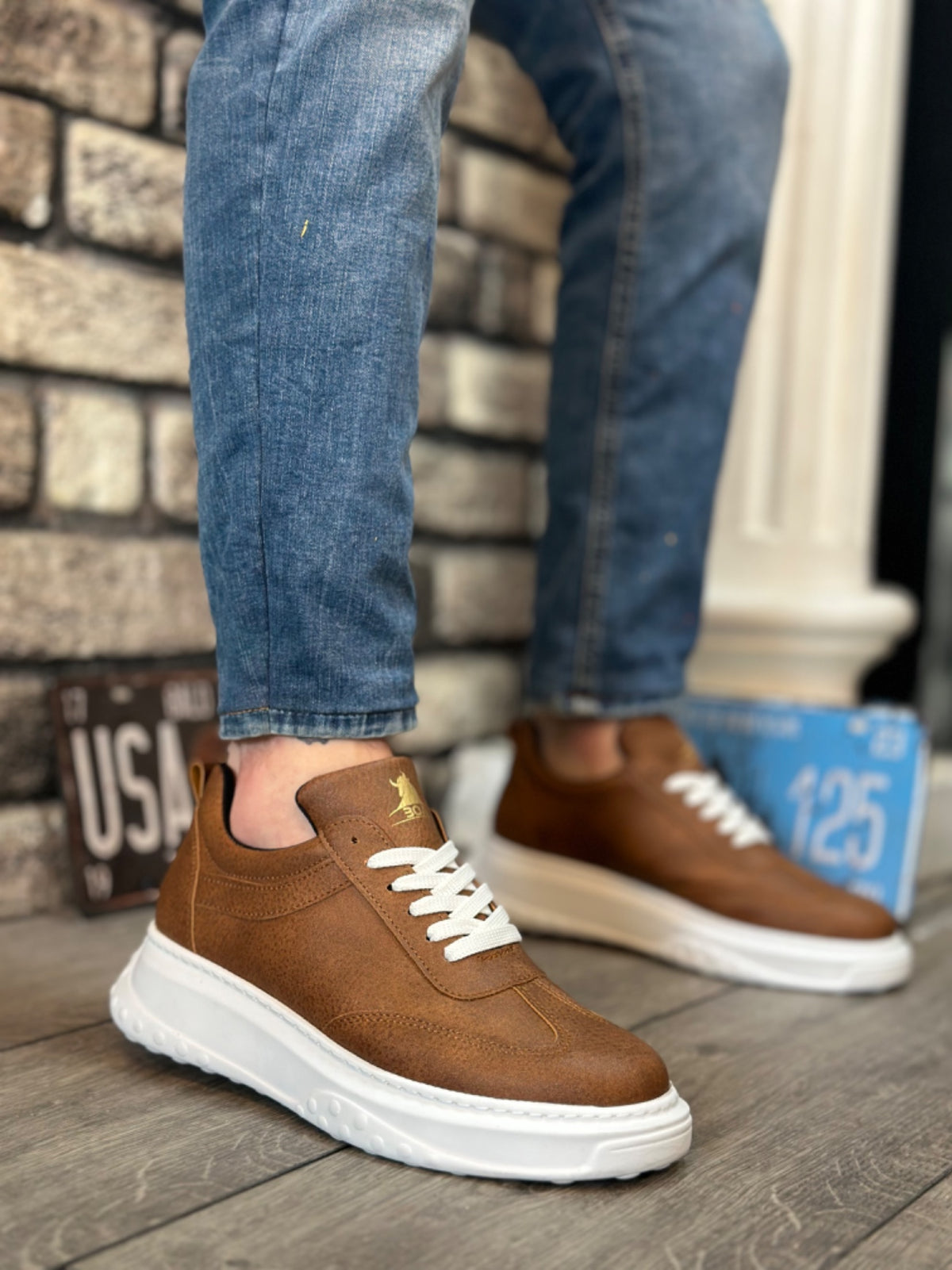 BA0327 Brown White Thick High Sole Lace-Up Sports Men's Shoes - STREETMODE ™