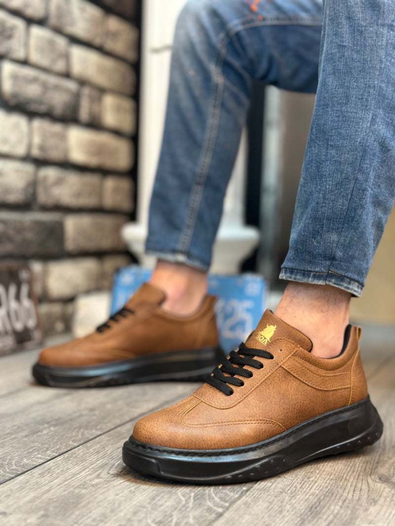 BA0327 Brown Black Thick High Sole Lace-Up Sports Men's Shoes - STREETMODE ™