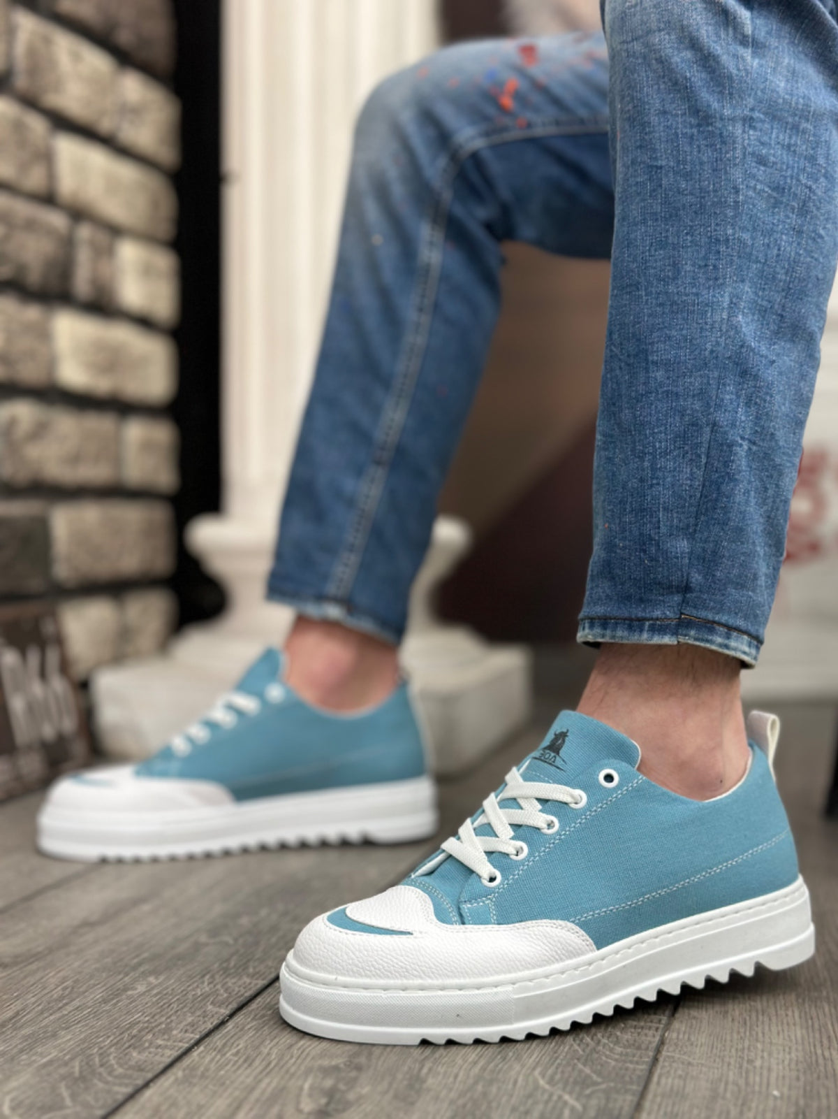 BA0328 Thick High Sole Smile Patterned Turquoise Sports Men's Shoes - STREETMODE ™