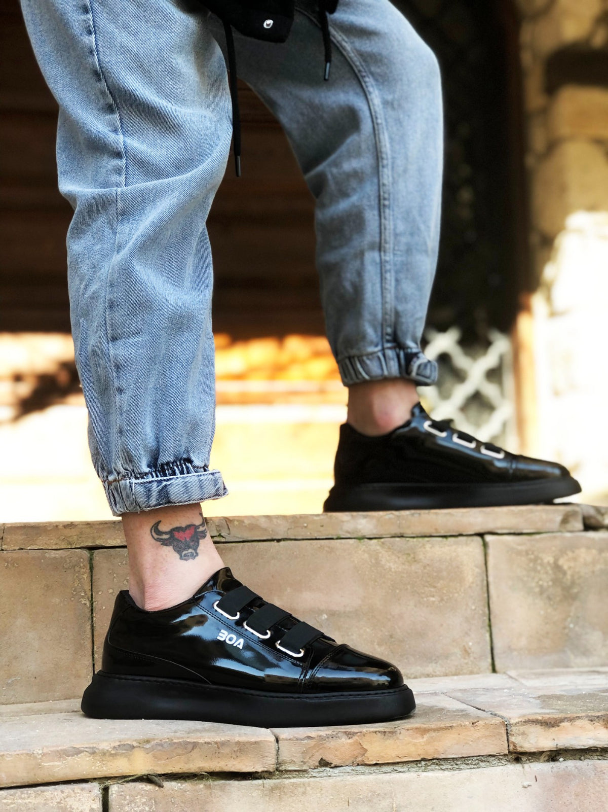 BA0329 3-Stripes Black Patent Leather Thick Sole Casual Men's Shoes - STREETMODE ™