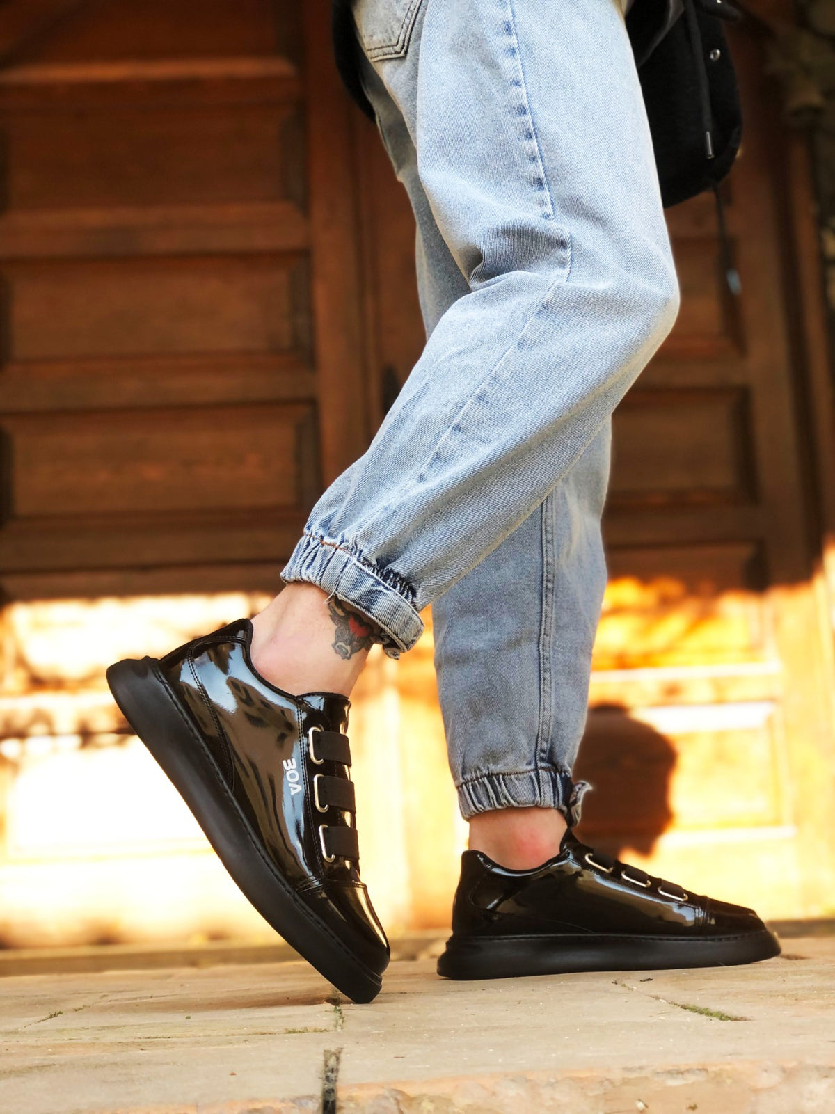 BA0329 3-Stripes Black Patent Leather Thick Sole Casual Men's Shoes - STREETMODE ™