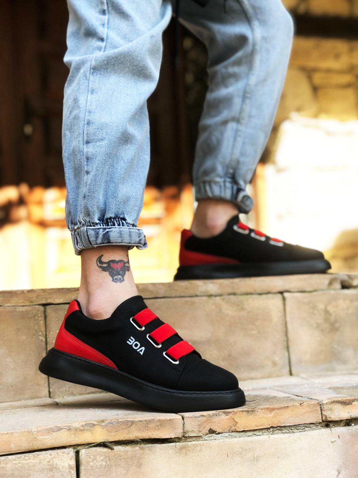 BA0329 3-Stripes Black Red Detailed Thick Sole Men's Casual Shoes - STREET MODE ™