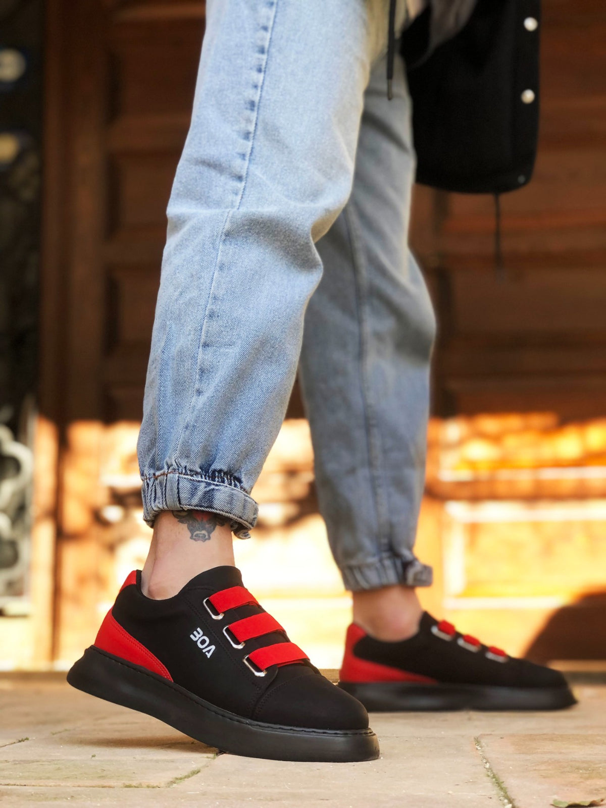 BA0329 3-Stripes Black Red Detailed Thick Sole Men's Casual Shoes - STREET MODE ™