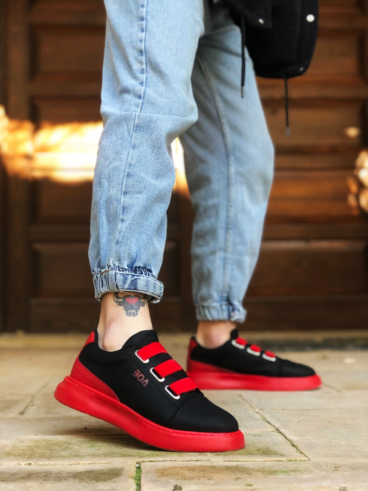 BA0329 3-Stripes Black Red Thick Sole Casual Men's Shoes - STREETMODE ™