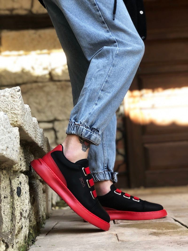 BA0329 3-Stripes Black Red Thick Sole Casual Men's Shoes - STREETMODE ™