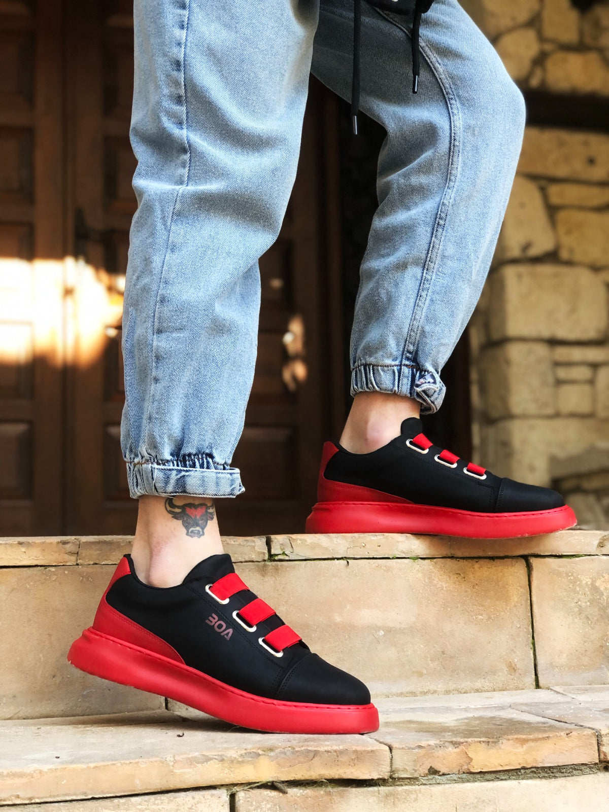 BA0329 3-Stripes Black Red Thick Sole Casual Men's Shoes - STREETMODE ™