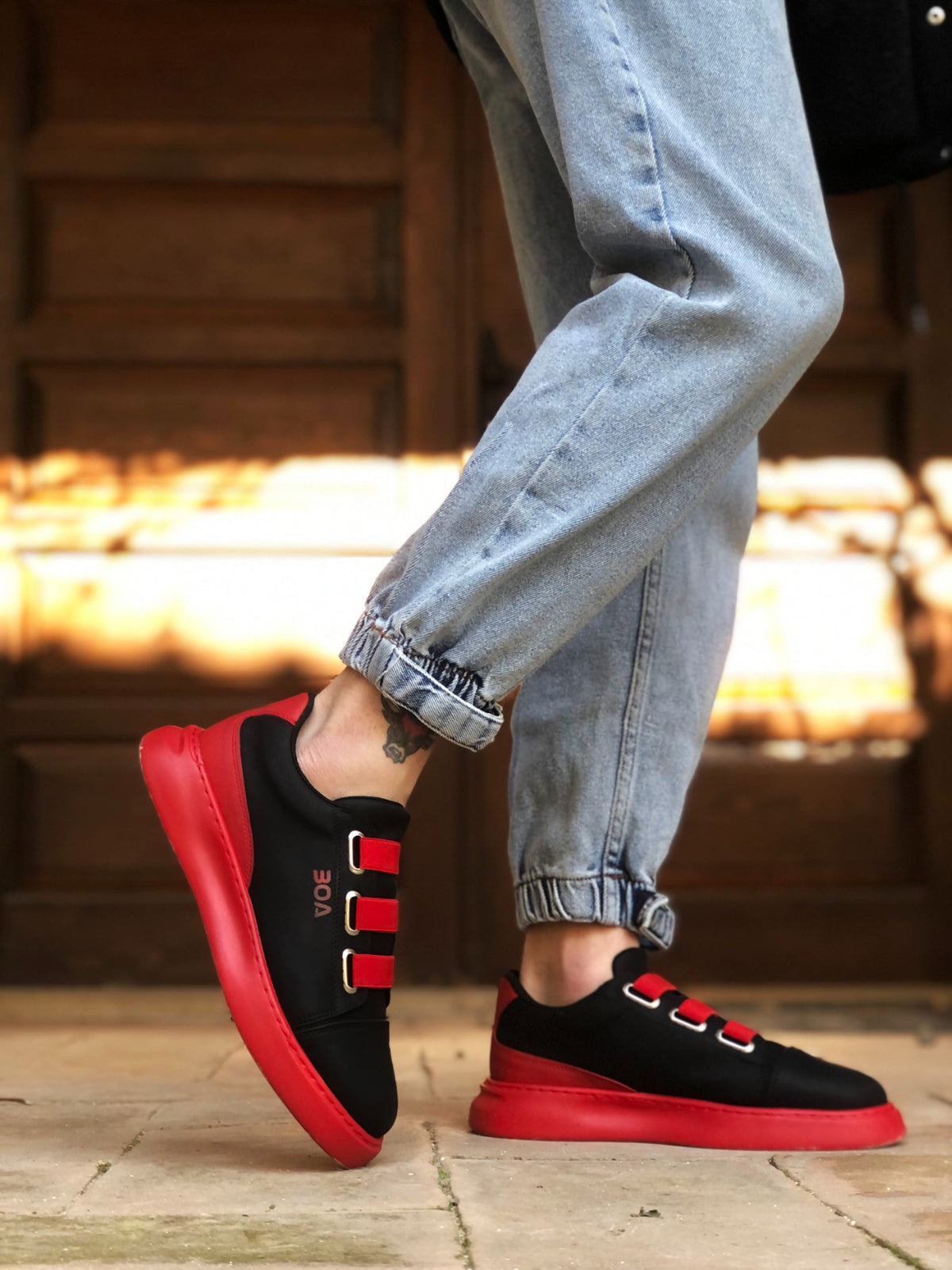 BA0329 3-Stripes Black Red Thick Sole Casual Men's Shoes - STREETMODE ™