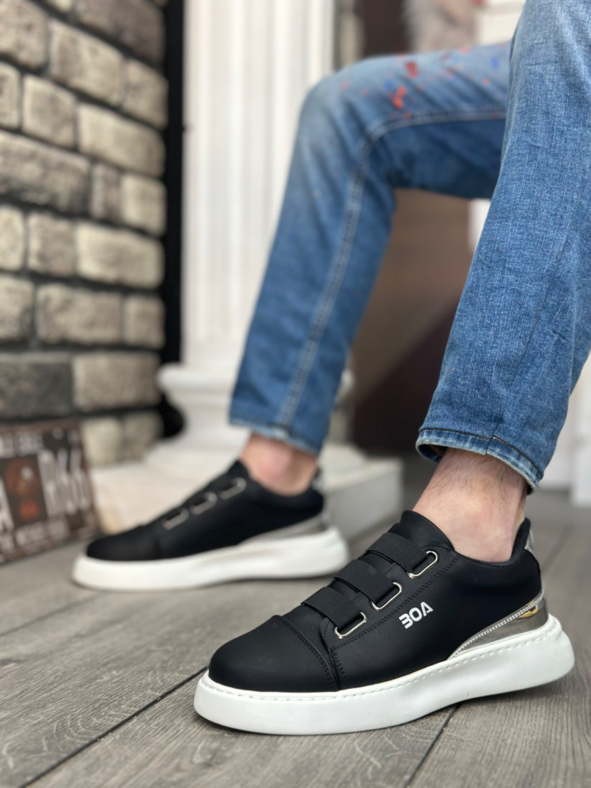 BA0329 3-Stripes Black Silver Detailed Thick Sole Men's Casual Shoes - STREETMODE ™