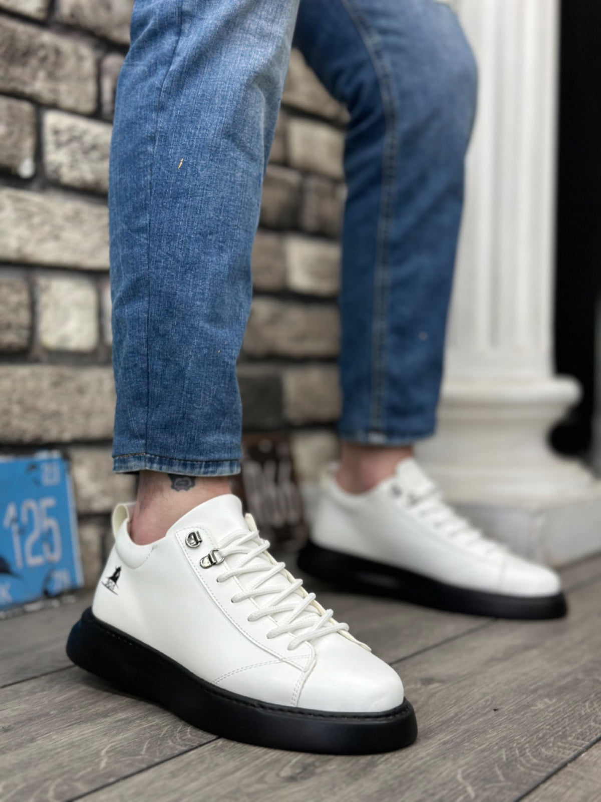 BA0331 Lace-Up Men's High Sole White Black Skin Sports Shoes - STREETMODE ™