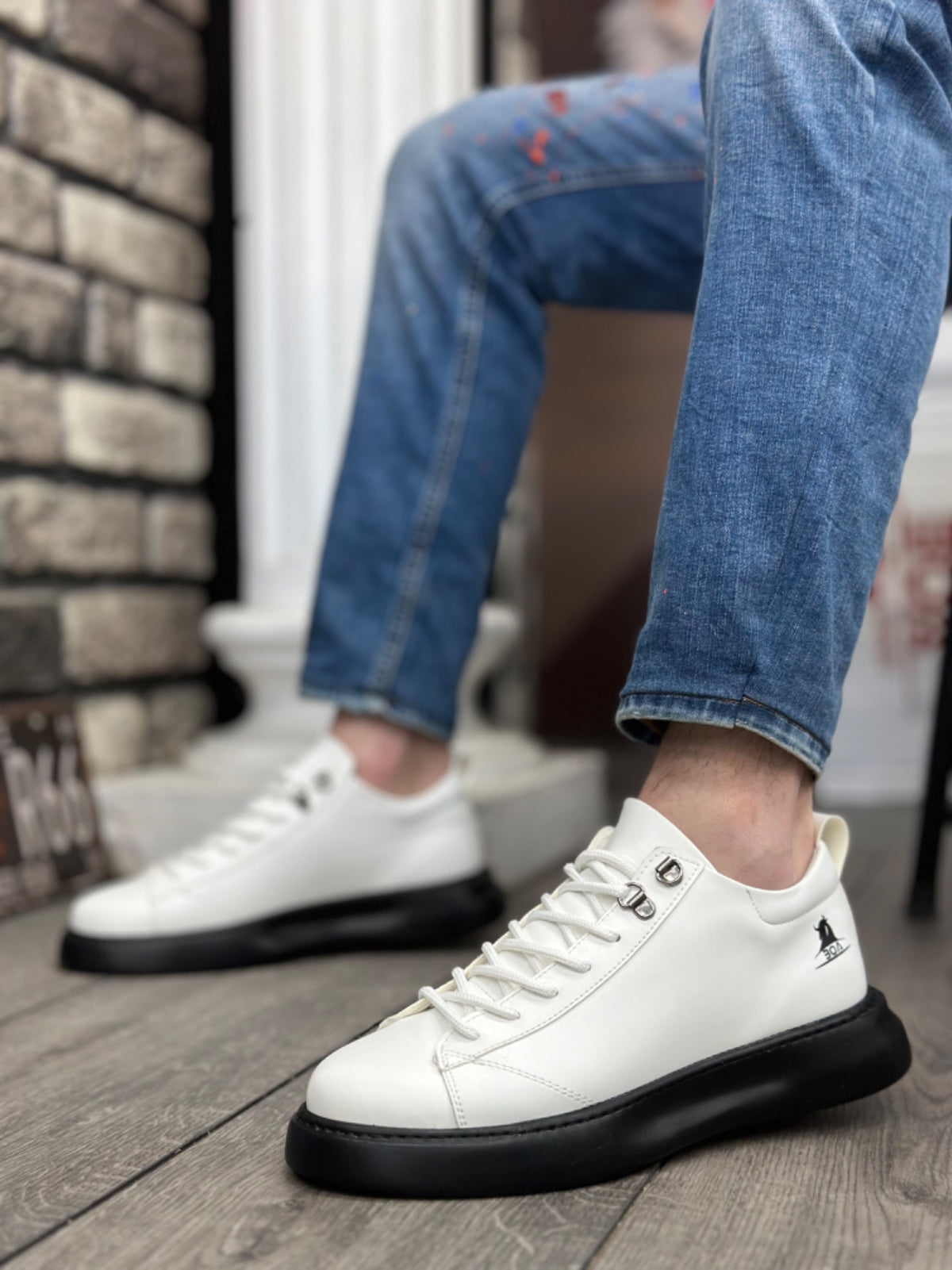 BA0331 Lace-Up Men's High Sole White Black Skin Sports Shoes - STREETMODE ™