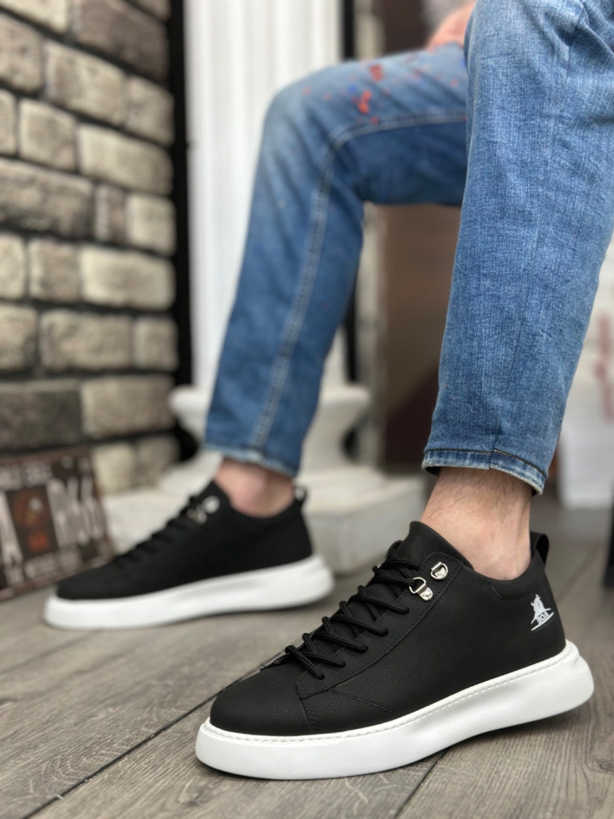 BA0331 Lace-Up Men's High Sole Skin Black White Sole Sports Shoes - STREETMODE ™