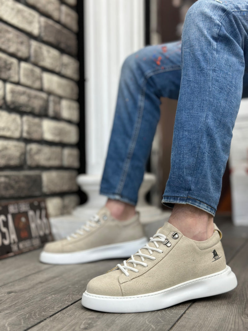 BA0331 Lace-Up Men's High Sole Cream Suede White Sole Sports Shoes - STREETMODE ™