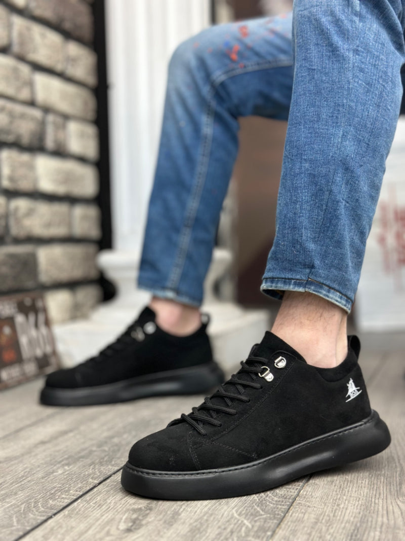 BA0331 Lace-up Men's High Sole Black Suede Black Sole Sports Shoes - STREETMODE ™