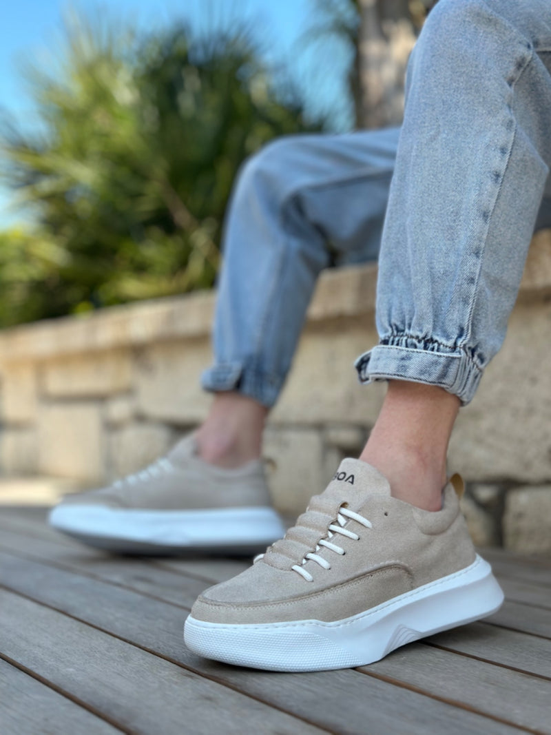 BA0332 Ladder Pattern Lace-Up Men's High Sole Cream Suede Sports Shoes - STREETMODE ™
