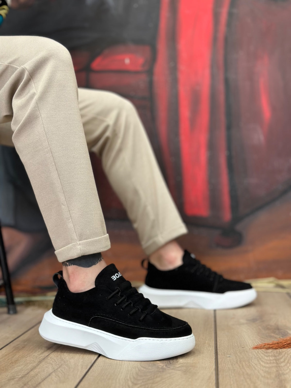 BA0332 Ladder Pattern Lace-Up Men's High Sole Black Suede White Sole Sports Shoes - STREETMODE ™