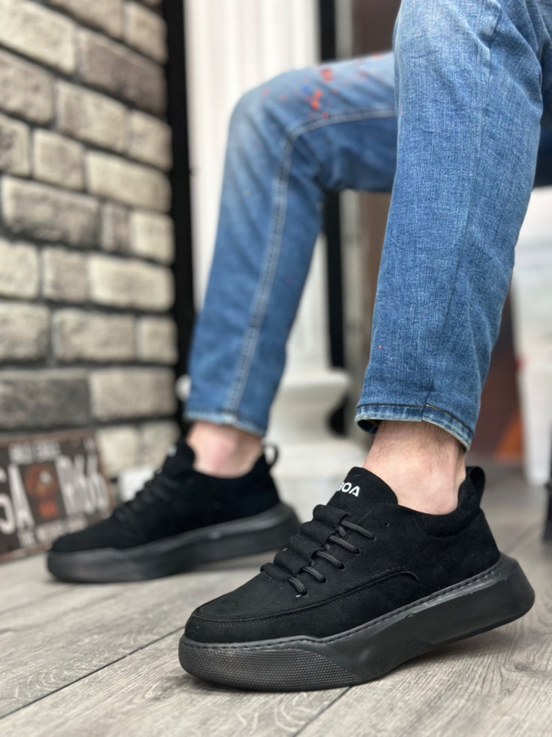 BA0332 Ladder Pattern Lace-Up Men's High Sole Black Suede Black Sole Sports Shoes - STREETMODE ™