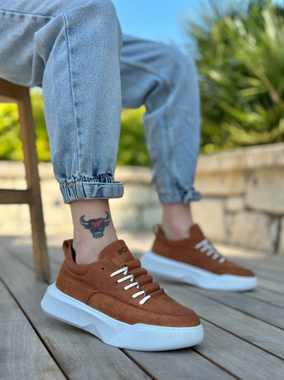 BA0332 Ladder Pattern Lace-Up Men's High Sole Tan Suede White Sole Sports Shoes - STREETMODE ™