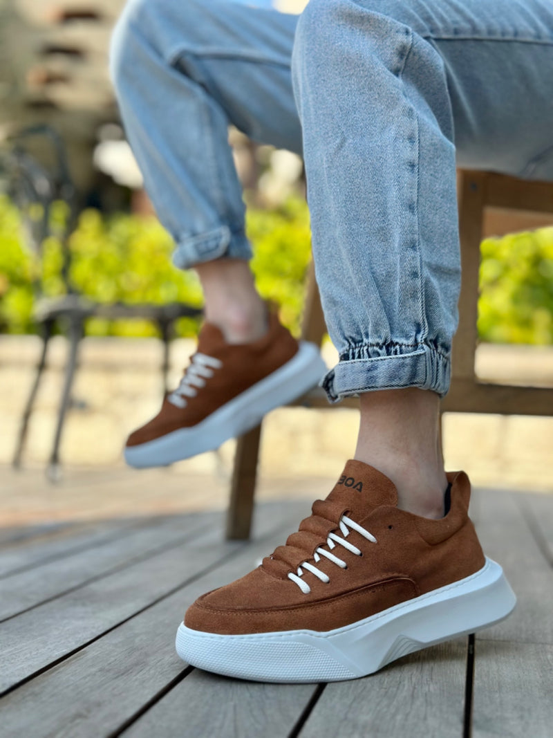 BA0332 Ladder Pattern Lace-Up Men's High Sole Tan Suede White Sole Sports Shoes - STREETMODE ™