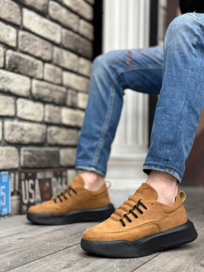 BA0332 Ladder Pattern Lace-Up Men's High Sole Tan Suede Black Sole Sports Shoes - STREETMODE ™