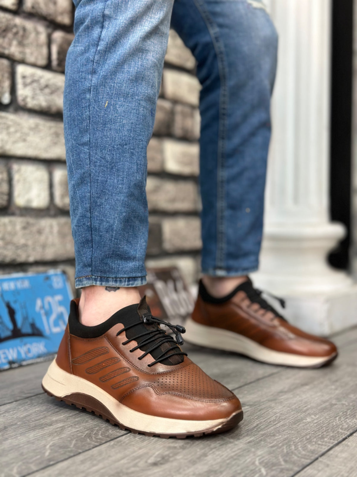 BA0335 Genuine Leather Comfortable Sole Adjustable Rubber Laced Tan Casual Men's Shoes - STREETMODE ™