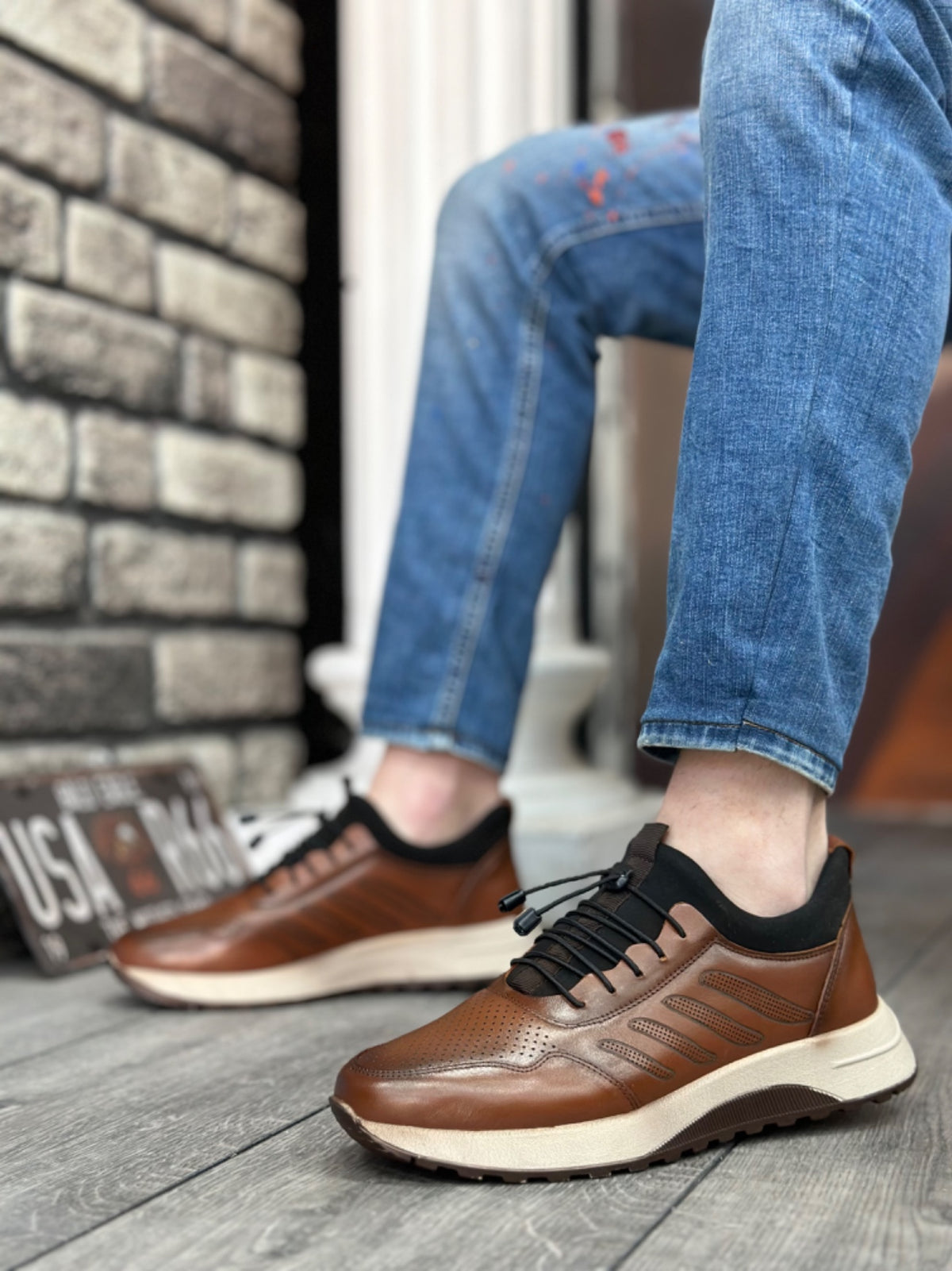 BA0335 Genuine Leather Comfortable Sole Adjustable Rubber Laced Tan Casual Men's Shoes - STREETMODE ™