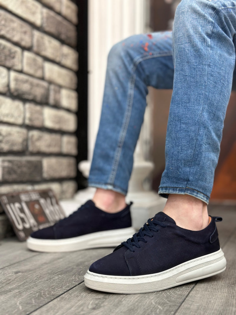 BA0336 Inside and Outside Genuine Nubuck Leather Navy Blue Lace-up Casual Men's Shoes - STREETMODE ™