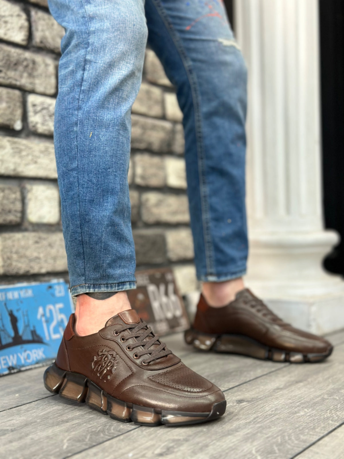 BA0338 Inside and Outside Genuine Leather Comfortable Sole Brown Sneakers Casual Men's Shoes - STREETMODE ™