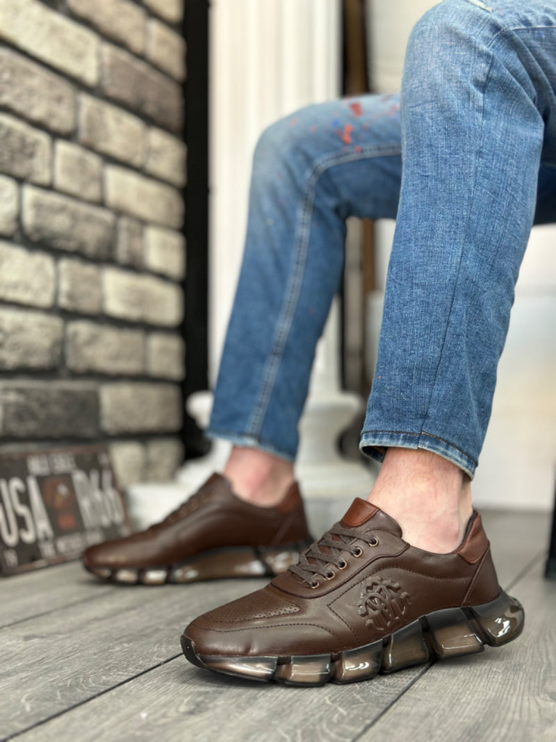BA0338 Inside and Outside Genuine Leather Comfortable Sole Brown Sneakers Casual Men's Shoes - STREETMODE ™
