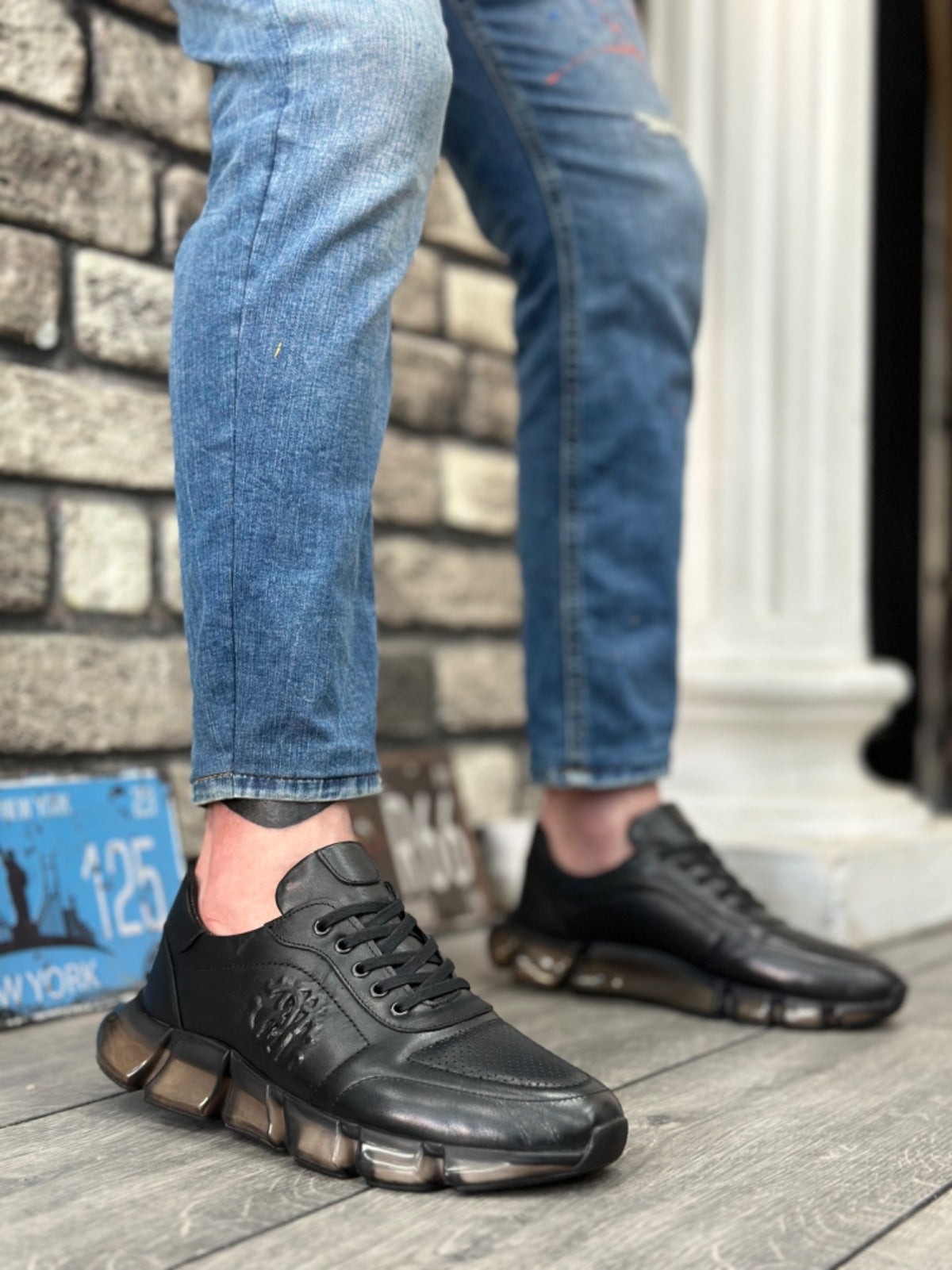 BA0338 Inside and Outside Genuine Leather Comfortable Sole Black Sneakers Casual Men's Shoes - STREETMODE ™