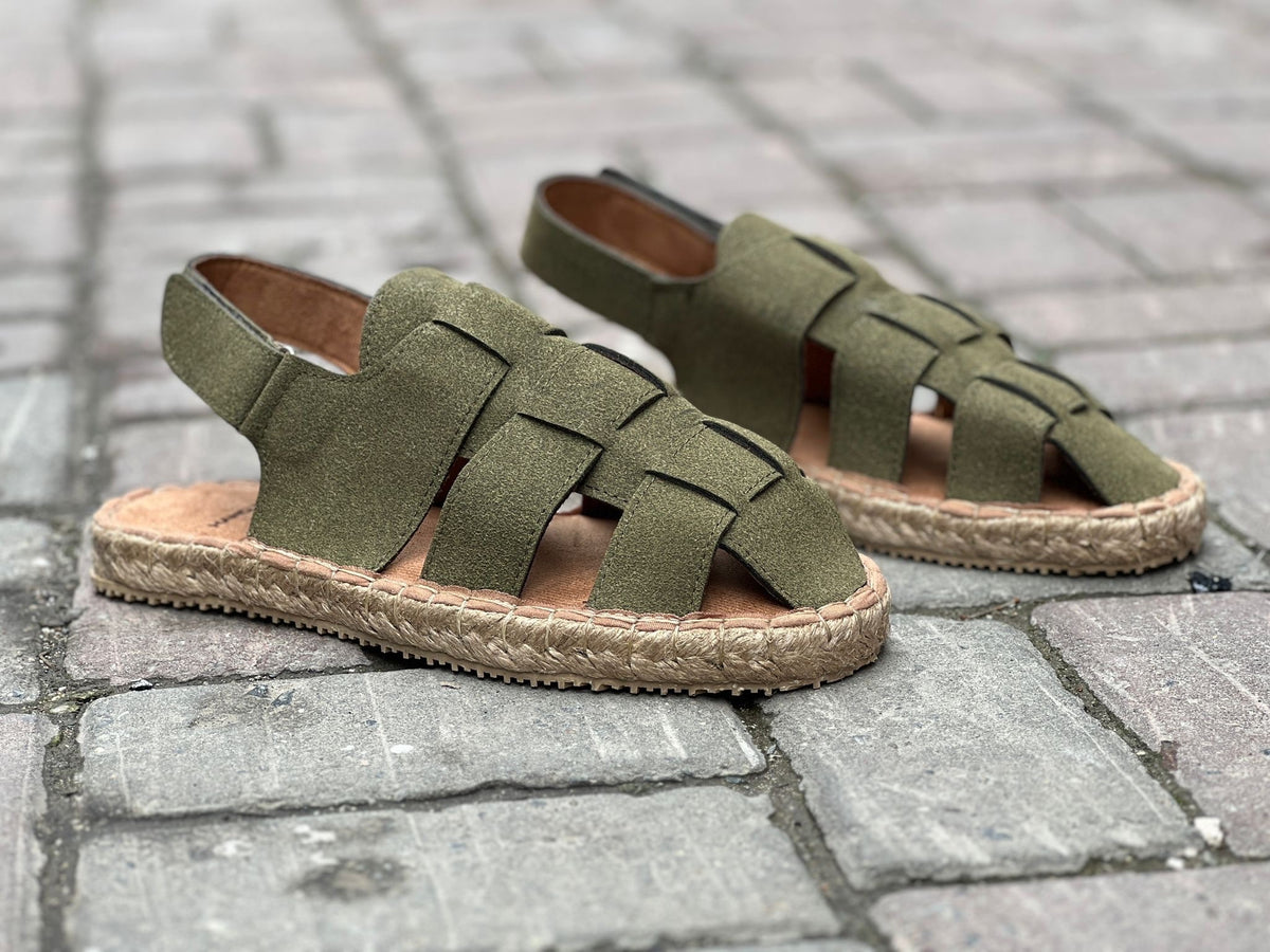 BA0342 Luxury Suede Straw Sole Khaki Velcro Daily Sandals - STREETMODE ™