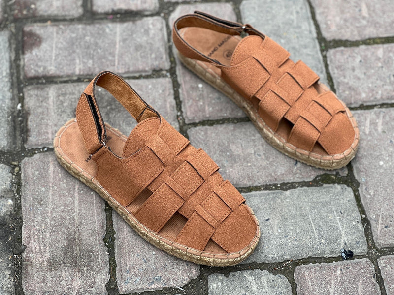 BA0342 Luxury Suede Straw Sole Tan Velcro Daily Sandals - STREETMODE ™