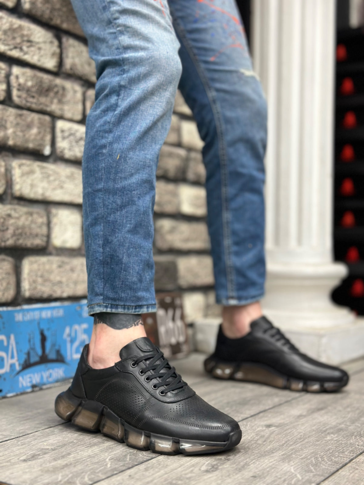 BA0344 Inside and Outside Genuine Leather Comfortable Sole Black Sneakers Casual Men's Shoes - STREETMODE ™