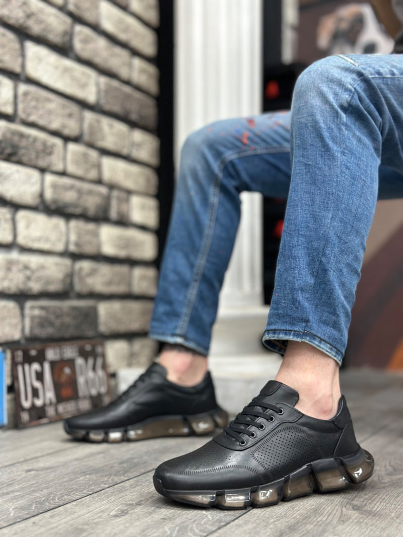 BA0344 Inside and Outside Genuine Leather Comfortable Sole Black Sneakers Casual Men's Shoes - STREETMODE ™